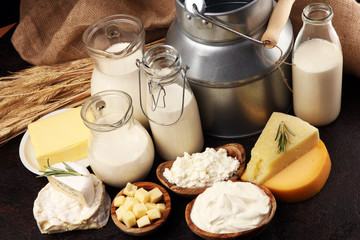 Different  healthy dairy products on rustic background with milk, cheese, butter and cottage