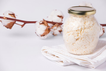 Cottage cheese. Dairy products on a white background. Fermented foods. White