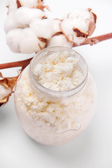 Cottage cheese. Dairy products on a white background. Fermented foods. White