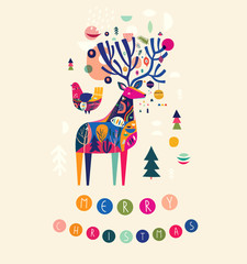Christmas illustration with amazing colorful deer and bird.