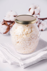 Cottage cheese. Dairy products on a white background. Fermented foods. White