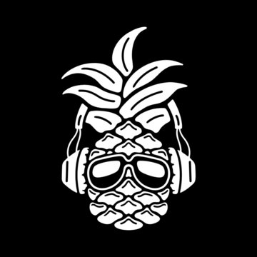 Pineapple with sunglasses in the headphones on black background