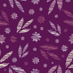 Seamless purple natural scribbled leaves shapes repeat endless background