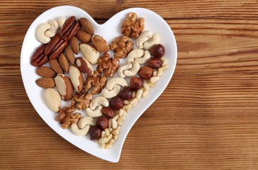 Nuts on a plate in the shape of a heart.
