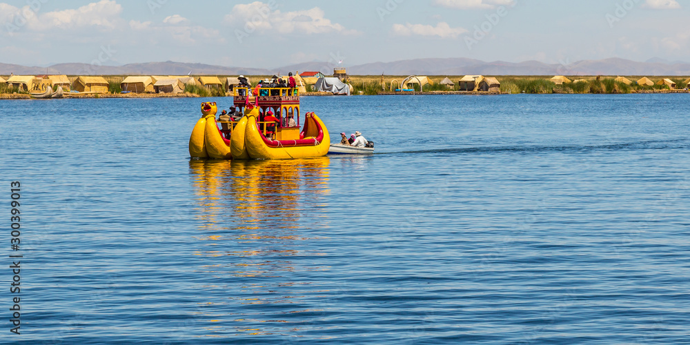 Sticker totora boats with people on titicaca lake in puno region, peru