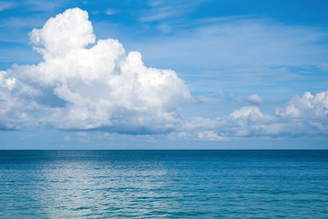Naklejka na ściany i meble Seascape with a large white cloud on a blue sky. 