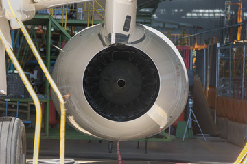 Close-up of a turbofan jet engine in modern airplane.