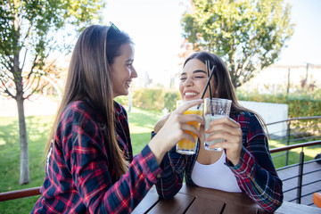 Two young women drinking juice and lemonade in the park