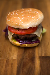 Hamburger on the wooden table