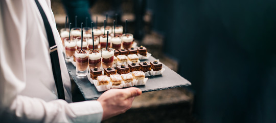 Waiter Catering Service Chocolate Mousse Sweets Finger Bites Dessert Plate Food Buffet - obrazy, fototapety, plakaty