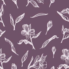 Cute hand drawn realistic alstroemeria seamless pattern. Traditional spring flowers in ink style for wedding decoration and background design.