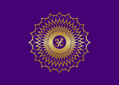 Crown Chakra Sahasrara. 7th chakra is located at the top of the head. It represent states of higher consciousness and divine connection. Gold Sacred geometry flower mandala purple color for meditation