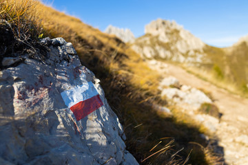 Trekking direction indicators in focus in the foreground. The background of the mountains is...