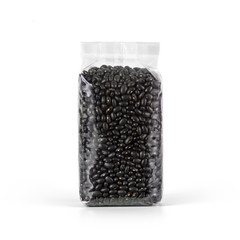 Black Kidney Beans in transparent plastic bag isolated on white background. Packaging template mockup collection. Stand-up Front view package.