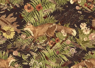 Seamless watercolor pattern with fox , flowers, leaves, feathers.