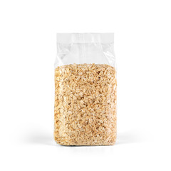 Oat flakes in transparent plastic bag isolated on white background. Packaging template mockup collection. Stand-up Front view package.