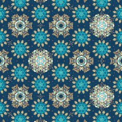 Detailed seamless pattern background with vintage style dark color tone. Fractal & kaleidescope art pattern background. Wall paper, wrapping paper, gift card, invitation and cover design.