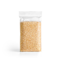 Quinoa seeds in transparent plastic bag isolated on white background. Packaging template mockup collection. Stand-up Front view package.
