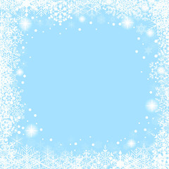 Christmas frame with white snowflakes on blue background. Vector festive background.