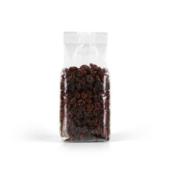 Raisins in transparent plastic bag isolated on white background. Packaging template mockup...