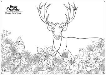 Christmas wreath of spruce, pine, poinsettia, dog rose, cowberry, cranberry, mistletoe, winter birds and deer. Coloring page for the adult coloring book. Outline hand drawing vector illustration..