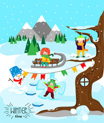 Children on snow having fun. Winter joy in nature. Vector illustration.