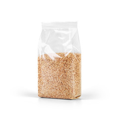 Sesame seeds in transparent plastic bag isolated on white background. Packaging template mockup...