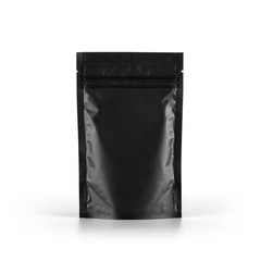 Black plastic vacuum sealed pouch coffee bag isolated on white background. Packaging template mockup collection. Stand-up Front view package.