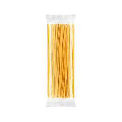 Spaghetti pasta transparent plastic bag package, isolated on white background. Packaging template mockup collection.