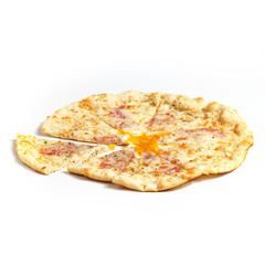 Appetizing sliced pizza on a white background.