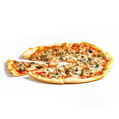 Appetizing sliced pizza on a white background.