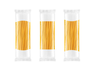 Spaghetti pasta transparent plastic bag package, with diffrent shapes for your design, isolated on...