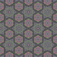 Vintage style ornamental kaleidescope & fractal  seamless pattern background with triangle and hexagon shapes. Wrapping paper, wall paper, dark color tone pattern background.