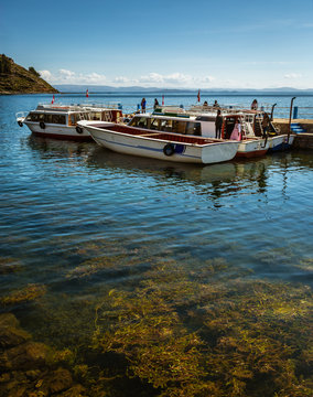 Motorboats close to Amantani Island in Puno region, Peru