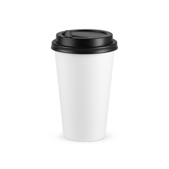 White paper coffee cup large size with black lid isolated on white background. Front perspective view. Packaging template mockup collection.