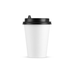 White paper coffee cup medium size with black lid isolated on white background. Front view. Packaging template mockup collection.