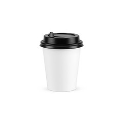 White paper coffee cup small size with black lid isolated on white background. Front perspective view. Packaging template mockup collection.