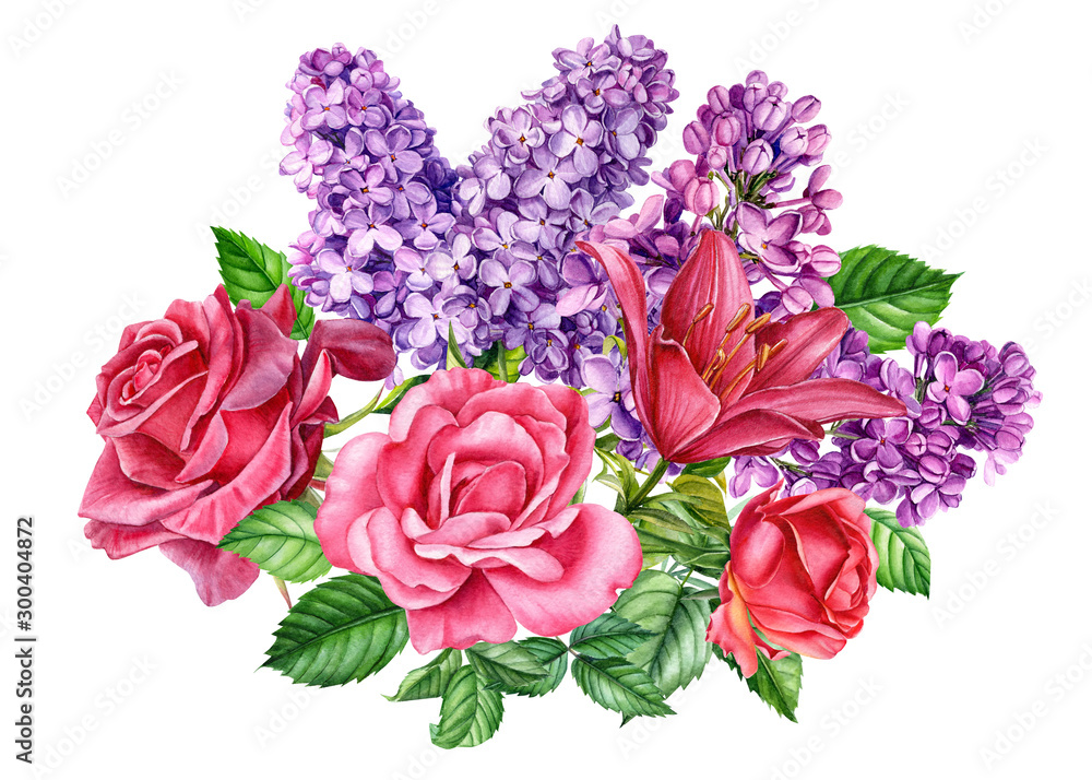 Wall mural Wedding bouquet of flowers roses, carnation, lilies, lilac, lavender on an isolated white background, watercolor illustration, botanical painting, hand drawing