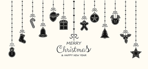 Christmas greeting card with hanging ornaments. Vector.