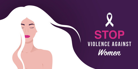 25 November International Day for the Elimination of Violence against Women. Concept vector design with woman, text and white awareness ribbon.