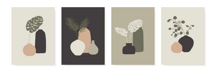 Trendy ontwerp voor wenskaarten, uitnodigingen, posters. Vazen en tropische bladeren. Abstracte moderne A4-posters instellen. Vector illustratie.