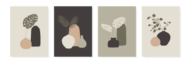 Papier Peint photo Hôtel Design tendance pour cartes de voeux, invitations, affiches. Vases et feuilles tropicales. Ensemble d& 39 affiches A4 modernes abstraites. Illustration vectorielle.