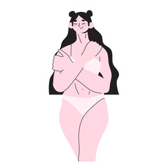 Vector illustration of a woman in lingerie hugging herself and is relaxed. Body positive or plus size cartoon girl character who is comfortable with her body. Natural beauty or love your body concept.
