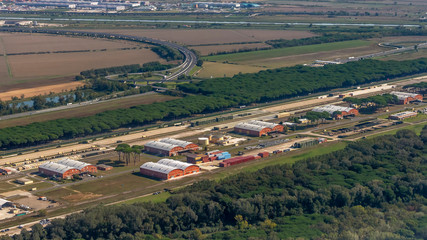 Aerial view of the Tuscan landscape a few moments before landing at Pisa airport, Italy