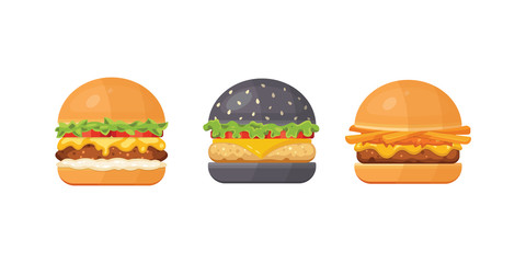Set of classic burgers with flying ingredients. Vector hamburger icons.