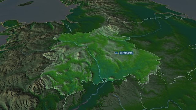 West Midlands - region of United Kingdom with its capital zoomed on the physical map of the globe. Animation 3D