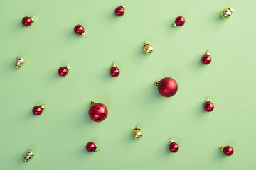 Pattern with christmas balls on pastel green background
