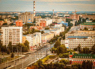 Obraz premium Sunrise top view to center of Yoshkar-Ola city and Kokshaga river embankment. City wakes up. Yoshkar-Ola is a capital of Mari El republic. in Russian Federation