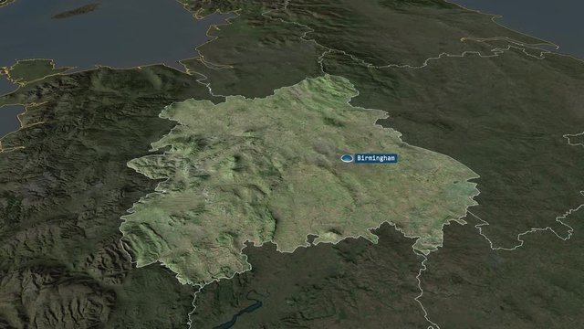 West Midlands - region of United Kingdom with its capital zoomed on the satellite map of the globe. Animation 3D