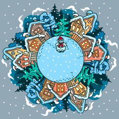Winter village landscape with a snowman. Drawing Color illustration of doodle houses on circle on a gray background.